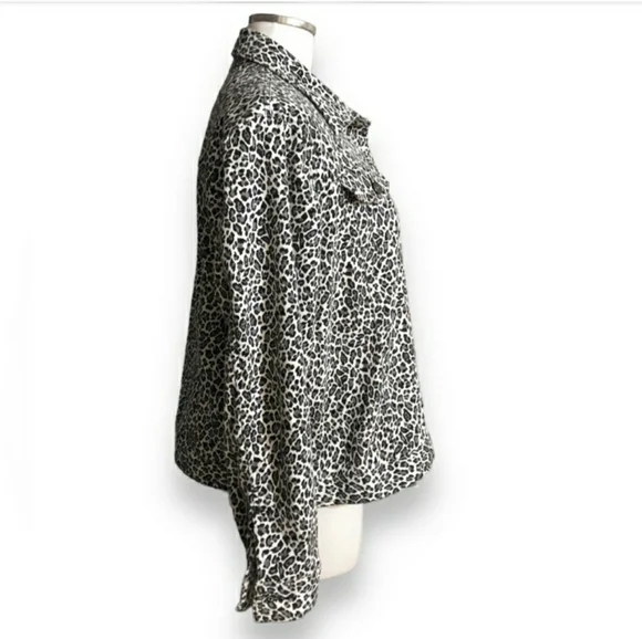 RUBY RD Grey Black Leopard Print Button Front Stretch Denim Jacket EUC! - Picture 2 of 9